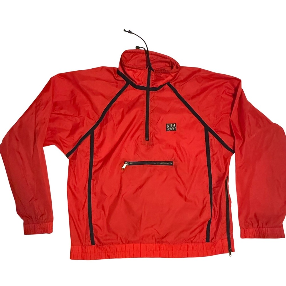 Vintage USA Olympics JCPenney Red Nylon Half Zip Windbreaker Jacket Mens Medium